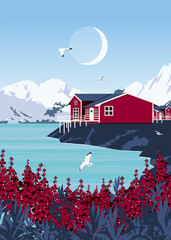 Illustration of Reine, Lofoten Islands, Norway.