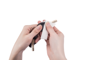 Holding an alcohol containing disinfectant wipes in hand while wiping items