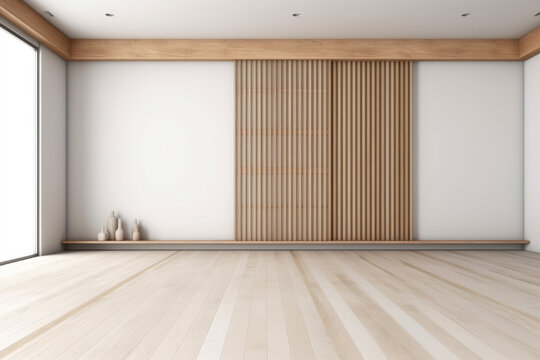 Japanese style empty room decorated with white wall and wooden slats wall, white concrete floor. 3d rendering 