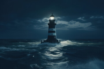 Lighthouse at night in the sea. AI generative.