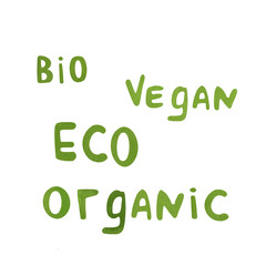 Fototapeta premium Green watercolor handwritten inscription with the words vegan, eco, bio, organic. Concept of nature conservation, land protection, environmentally eco friendly products