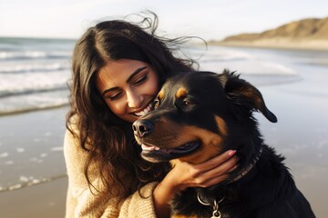 Woman enjoying a summer day at the beach with her rottweiler. Generative AI