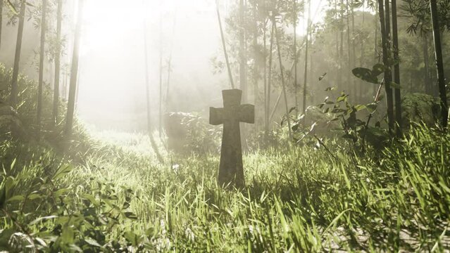 rustic stone cross amidst lush foliage