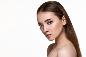 Fototapeta premium young woman with perfect skin on white background.
