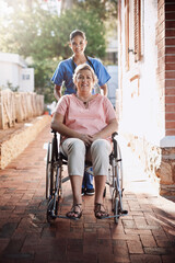 Fototapeta na wymiar Senior woman, wheelchair and caregiver in portrait for homecare, healthcare service and disability support outdoor. Nurse helping, disabled patient or person, insurance and garden for mental health