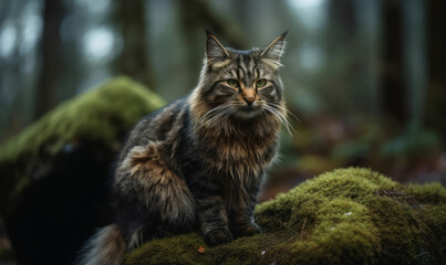 Obraz premium Manx cat, perched atop a moss-covered rock in a dense, misty forest. Its expressive eyes gaze intently into the distance, while its thick, fluffy tail coils protectively around its body. Generative AI