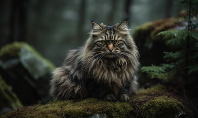Naklejka na ściany i meble Manx cat, perched atop a moss-covered rock in a dense, misty forest. Its expressive eyes gaze intently into the distance, while its thick, fluffy tail coils protectively around its body. Generative AI