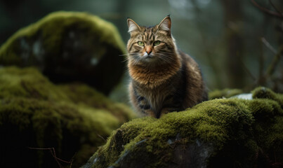 Naklejka na ściany i meble Manx cat, perched atop a moss-covered rock in a dense, misty forest. Its expressive eyes gaze intently into the distance, while its thick, fluffy tail coils protectively around its body. Generative AI