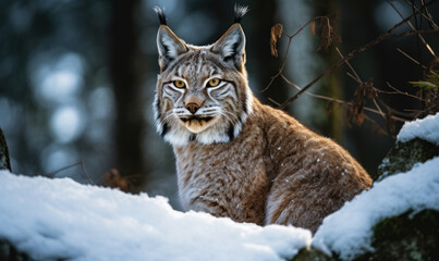 Naklejka na ściany i meble Lynx in the Snow: Photo of lynx, poised and alert on a snow-covered rocky outcropping, with piercing yellow eyes fixed on potential prey. Generative AI