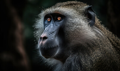 Obraz premium closeup photo of mandrill on blurry jungle background. Generative AI