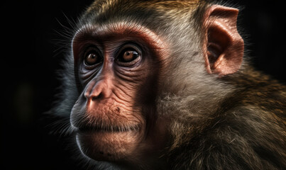 closeup photo of macaque on blurry dark background. Generative AI