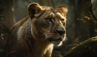 Obraz na płótnie Canvas photo of liger (hybrid of lion and tiger) in its natural habitat. Generative AI