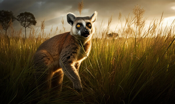 photo of lemur standing in tall grass at sunset. Generative AI