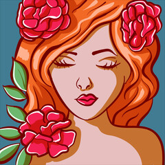 Digital art of a redhead woman with roses on her hair. Beautiful female head with floral decorations and leaves.