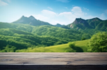 Product display concept of wooden table at mountainous countryside landscape under cloud blue sky bokeh background in summer, created with Generative AI
