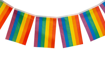 Rainbow flags hanging against a transparent background