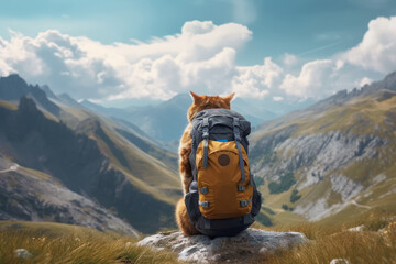 Back view of cat with backpack sit on the mountain edge. Kitten traveler backpacker on summer vacation - obrazy, fototapety, plakaty
