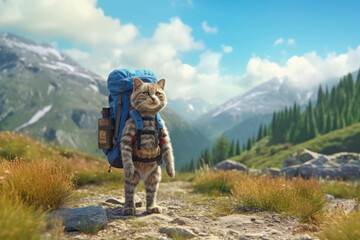 Fototapeta na wymiar Cat traveler backpacker standing in a mountains with backpack on summer vacation. Travel with pet concept