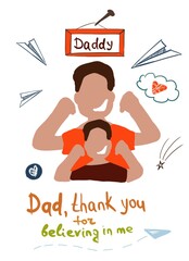 Dad with a child, dad with children. happy faces . Father's Day. Lettering , inscriptions for Father 's Day . Happy Father's Day. Checkboxes. A paper airplane . I love Dad