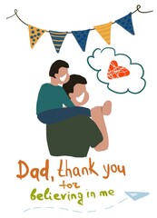 Lettering , inscriptions for Father 's Day . Happy Father's Day. Check boxes. A paper airplane . I love Dad. Dad with a child, dad with children. happy faces . Father's Day