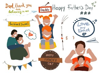 Dad with a child, dad with children. happy faces . Father's Day. Lettering , inscriptions for Father 's Day . Happy Father's Day. Checkboxes. A paper airplane . I love Dad