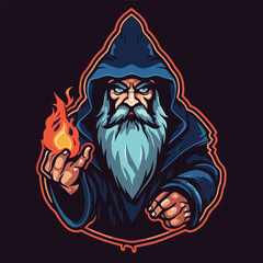wizard magic fire head e sport logo badge vector illustration