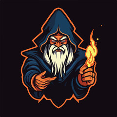 wizard magic fire head e sport logo badge vector illustration