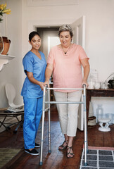 Nurse, woman with disability and walking frame for homecare support, healthcare helping or muscle...