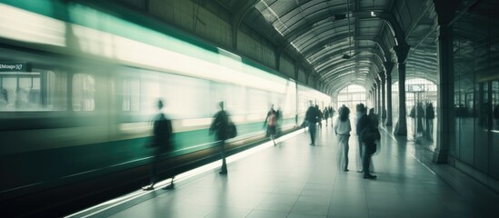 Fototapeta premium Long exposure of train station with blurred people
