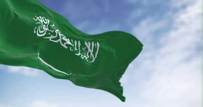 Seamless loop in slow motion of Saudi Arabia national flag waving on a clear day