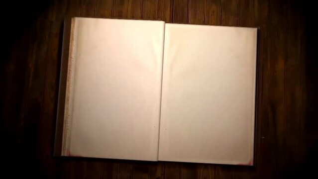 Opening & flipping pages of old book on table. You put photo, video, text on it.