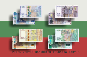 Vector pixel mosaic set of Bulgaria banknotes. Bills in denominations of 20, 50 and 100 lev. Part two.