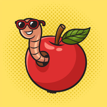 Naklejka cartoon worm peeking out of an apple pinup pop art retro vector illustration. Comic book style imitation.