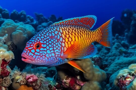 A beautiful fish swims in the depths of the sea. Generative AI.