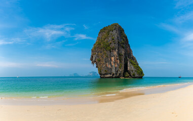 horizontal wide angle panorama, phra nang beach in Thailand, paradise, sunny beach, sunbathing and...