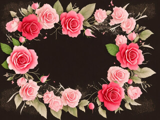 black background with pink roses, buds and green leaves frame, romantic art with text space created with generative AI technology