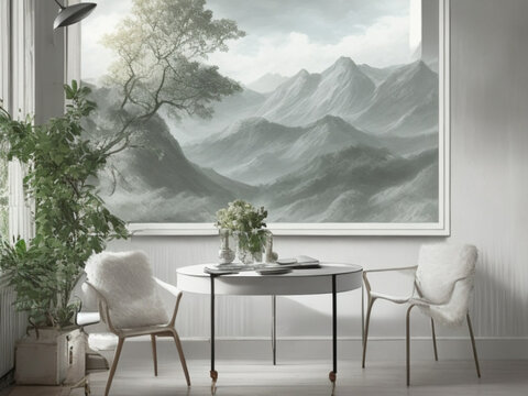 Modern Dining Room With Two Chairs, A Table, A Picture, Plants And A Vase, White Background Created With Generative AI Technology