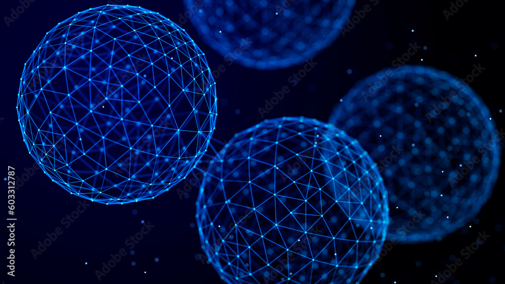 Poster Abstract spheres with connected dots and lines. Illustration with elements of viruses, bacteria on a dark background. 3d