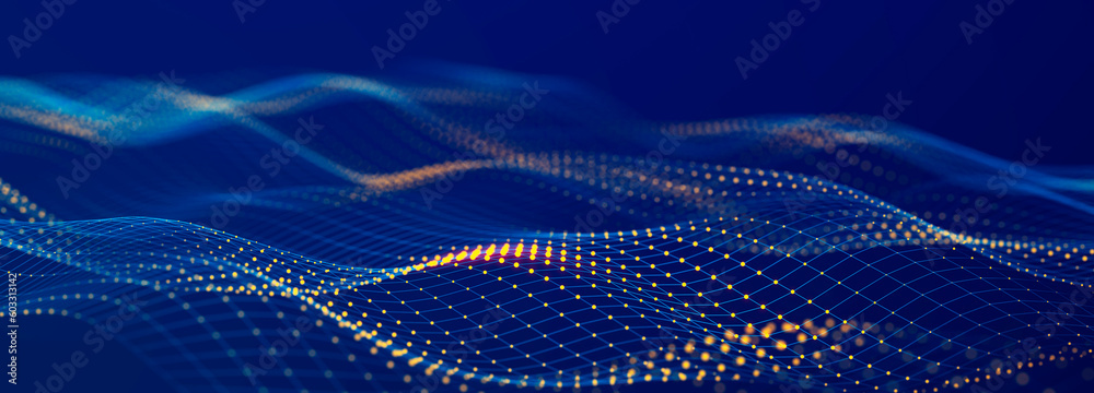 Poster Abstract polygonal space with connecting dots and lines. Dark background. Connection structure. 3d Widescreen