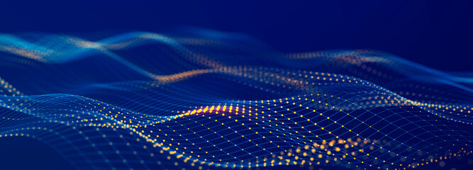 Abstract polygonal space with connecting dots and lines. Dark background. Connection structure. 3d Widescreen