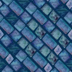 Watercolor seamless hand drawn geometric pattern with colorful rhombuses alike brickwork in blue shades