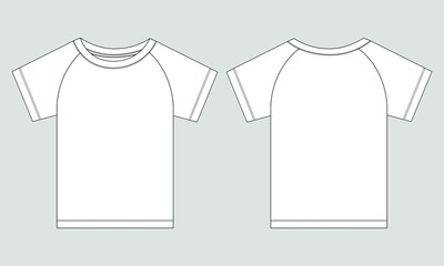 Short sleeve Raglan T shirt technical fashion flat sketch vector Illustration template front, back views isolated Off white Background. Basic apparel Design Mock up.
