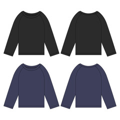 Black and navy color Raglan Long Sleeve T shirt technical drawing fashion flat sketch Vector illustration template Front And back views 
