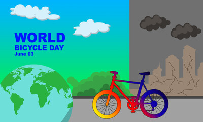 a picture of a globe with a background of clean weather and colorful bicycles and a dirty city full of pollution and bold text commemorating World Bicycle Day on June 3
