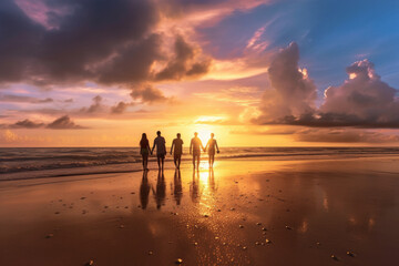 Fototapeta premium Group of friends enjoying a walk along the seashore during golden hour. The warm colors of the sunset their silhouettes against the beautiful scenic backdrop of the ocean. Generative AI Technology.