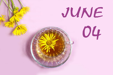 Calendar for June 4: a cup of tea with yellow daisies, a bouquet of daisies on a pastel background, the numbers 04, the name of the month of June in English