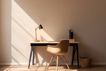 Minimal Modern Office Desk with Laptop and Lamp - 3D Interior Mockup. Ai generative