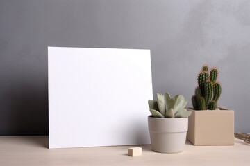 blank white paper sheet on a wooden table next to a wall decorated with cacti, representing creativity, minimalism, and natural inspiration. Generative AI Technology.