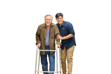 Senior asian father and middle aged son, Caregiver is teaching old man to walk with walker, Elderly senior man with son on isolate background
