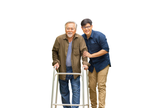 Senior asian father and middle aged son, Caregiver is teaching old man to walk with walker, Elderly senior man with son on isolate background